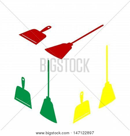 Dustpan Vector Sign. Scoop For Cleaning Garbage Housework Dustpan Equipment. Isometric Style Of Red,