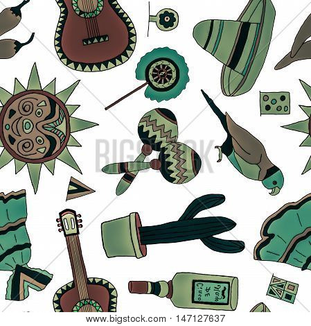 Seamless pattern with hand drawn mexican elements. Perfect background for your design. Travel to Mexico texture.