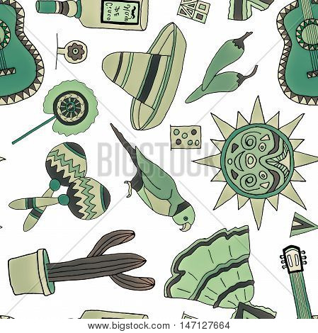 Seamless pattern with hand drawn mexican elements. Perfect background for your design. Travel to Mexico texture.
