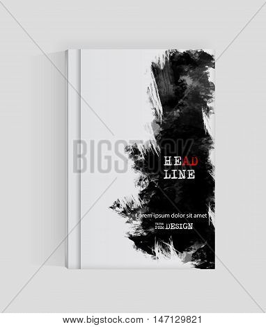 Black abstract design. Ink paint on brochure Monochrome element isolated on white. Grunge banner paints. Simple composition. Liquid ink. Background for banner card poster identityweb design.