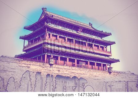 Beijing, China at the Zhengyangmen Gatehouse in Tiananmen Square. Beautiful historical building at sunset. Vintage painting, background illustration, beautiful picture, travel texture