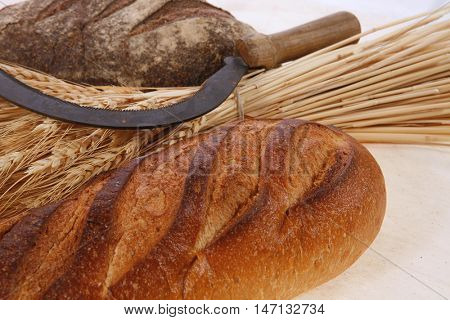 bunch of mown wheat ears with vintage handmade reaper hook sickle and rye and white dark french fresh bread loaf on light linen tablecloth