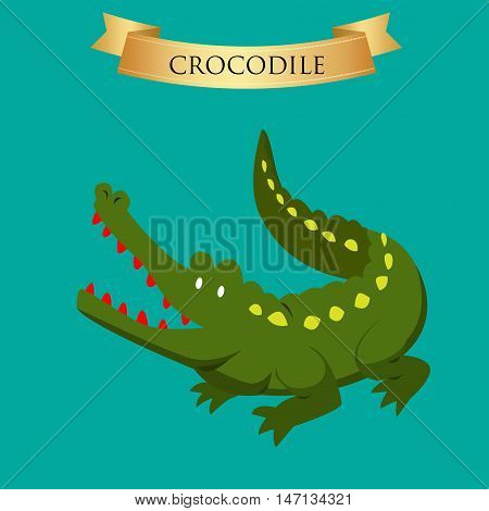 Big green crocodile on a blue background. Vector illustration