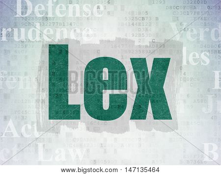 Law concept: Painted green text Lex on Digital Data Paper background with   Tag Cloud