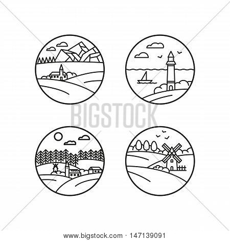 Thin line style icon landscapes with mill church forest mountains mountains sea. Logo or label isolated on background. Nature concept.