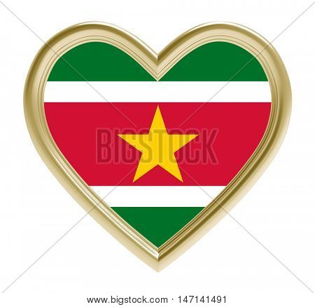 Surinamese flag in golden heart isolated on white background. 3D illustration.