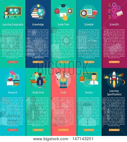 Education and Science Vertical Banner Concept | Set of great vertical banner flat design illustration concepts for education, science, analysis, knowledge, learning, event and much more.