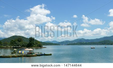 Park, Mountain, Pier And Lake In Countryside Park