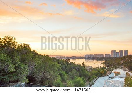 Sayran lake in Almaty city evening time Kazakhstan