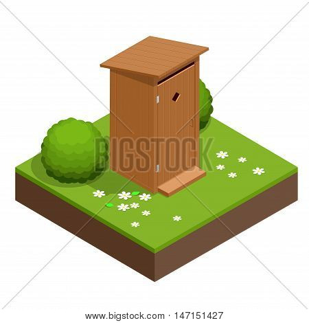 Isometric wooden bio toilet cabin. Hiking services. Flat color style vector icon.