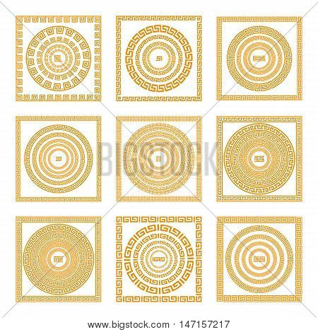Set Collections Of Old Greek Ornaments. Orange Old Style Borders On The Dark Background. Ethnic Patt