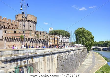 ROME ITALY - May 03.2012: Tourists visiting the ancient castle of Saint Angel in a park Adriano