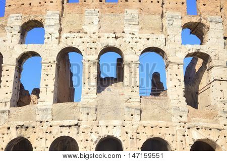 Ruins of cyclopean building with of genius architecture. Facade of Coliseum