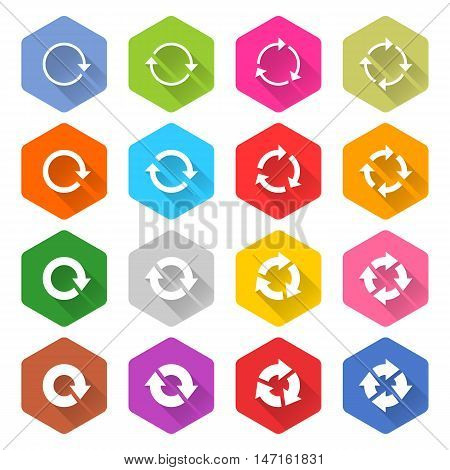 Flat arrow icon 16 set rounded hexagon web button on white background. Refresh reload synchronize loop reset rotation repeat sugn. Vector illustration internet design graphic element 10 eps