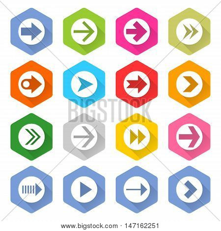Flat arrow icon 16 set rounded hexagon web button on white background. Simple minimalistic mono long shadow style. Vector illustration internet design graphic element 10 eps