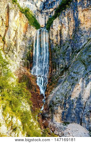 Big waterfall in the mountains. Slovenia Landscape