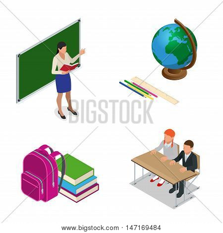 sometric School lesson. Little students and teacher. Isometric Classroom with green chalkboard, teachers desk, pupils tables and chairs. Flat 3d cartoon illustration