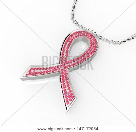 Pendant in the shape of a pink ribbon. Jewelry with pink diamonds. 3D rendering