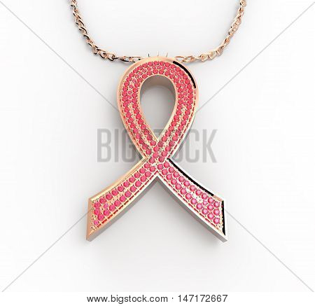 Pendant in the shape of a pink ribbon. Jewelry with pink diamonds. 3D rendering