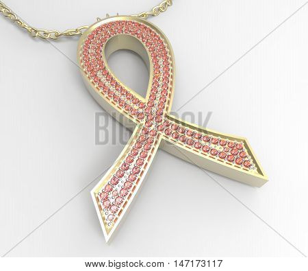 Pendant in the shape of a pink ribbon. Jewelry with pink diamonds. 3D rendering
