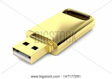Luxury golden usb stick on white background, 3D illustration