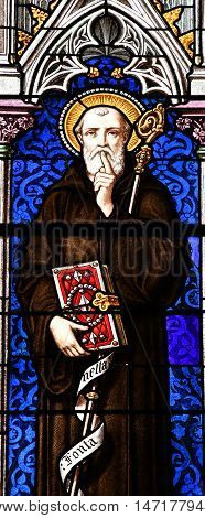Saint Wandrille Rancon France - june 22 2016 : the stained glass window of Saint Michel church