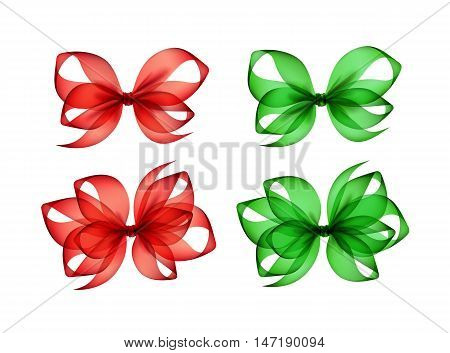 Vector Set of Colored Bright Green Red Scarlet Transparent Gift Bows of Different Shapes Close up Isolated on White Background