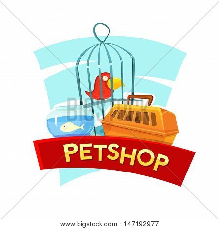 Petshop concept design with aquarium fish, cage birds and container carrying animals, vector illustration