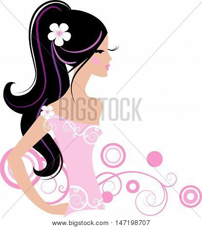 Beautiful fashion girl with abstract pink flowers