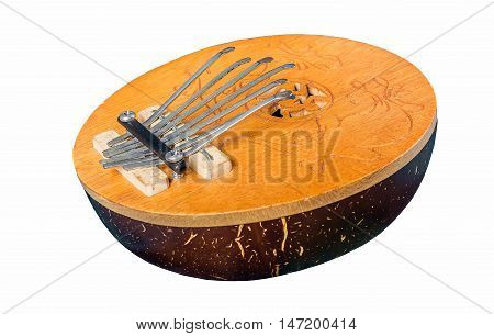 African played by plucking musical instrument kalimba isolated on white background.