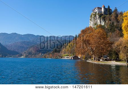 Bled Castle  built on top of a cliff overlooking lake Bled, located in Bled, Slovenia.