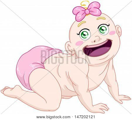Vector illustration of a cute baby girl crawling and smiling.