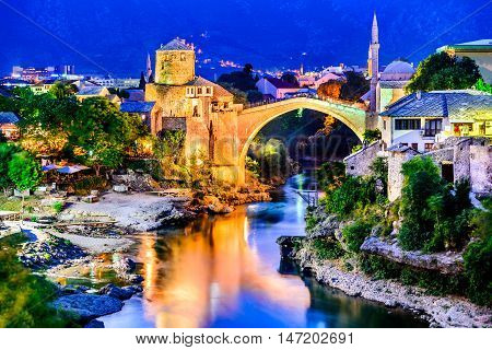 Mostar Bosnia and Herzegovina. The Old Bridge Stari Most with emerald river Neretva.