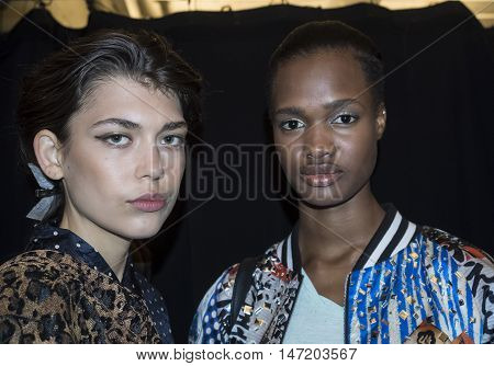 New York NY USA - September 13, 2016: A model prepares backstage for the Dennis Basso Spring/Summer 2017 runway show during New York Fashion Week SS 2017 at The Arc Skylight at Moynihan Station