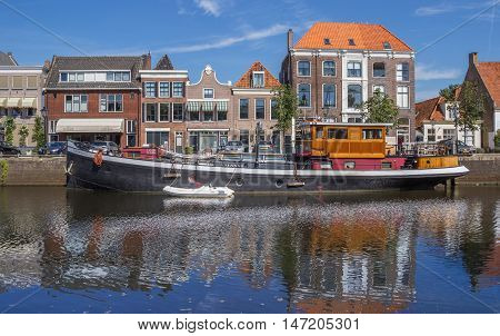 ZWOLLE, NETHERLANDS - AUGUST 31, 2016: Old ship in a canal in Zwolle, The Netherlands
