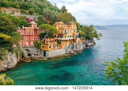 A view of the picturesque coast of Cinque Terre National Park near Portofino. Italy. Liguria.
