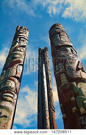 Port Hardy Canada three totem poles ancient