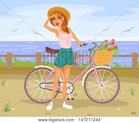 The girl standing next to a bicycle on the waterfront