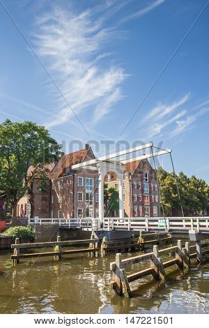 ZWOLLE, NETHERLANDS - AUGUST 31, 2016: White bridge Pelserbrugje over a canal in Zwolle, Holland