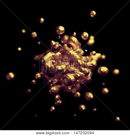 Abstract 3d rendering of chaotic low poly liquid. Background with dynamic polygonal fluid splash. Design element.