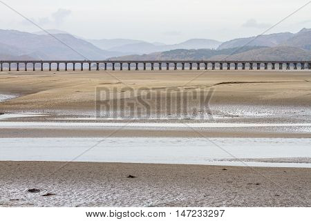 Estuary and railway viaduct. Mawddach Estuary Fairbourne Wales United Kingdom