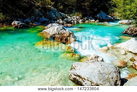 Rivers with beautiful turquoise water. Soca River in Slovenia