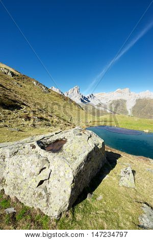Peaks and Ansabere Lake. Lescun Cirque. Aspe Valley, Pyrenees, France.