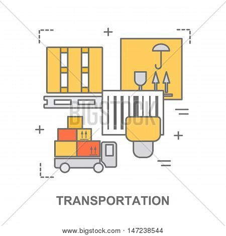 Thin line flat design banner for transportation, warehouse stock and industrial storage. Modern vector illustration concept, isolated on white.