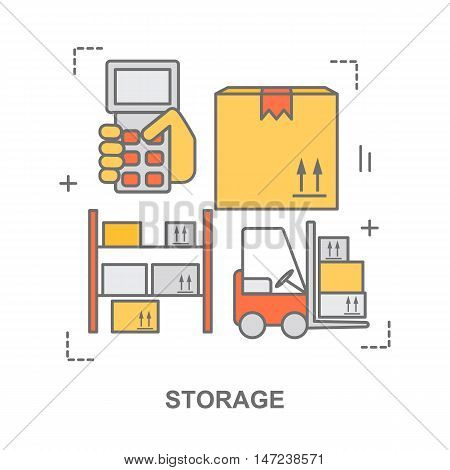Thin line flat design banner for warehouse stock and industrial storage. Modern vector illustration concept, isolated on white.
