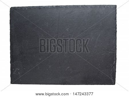 Empty black slate plate isolated on white background. Black stone