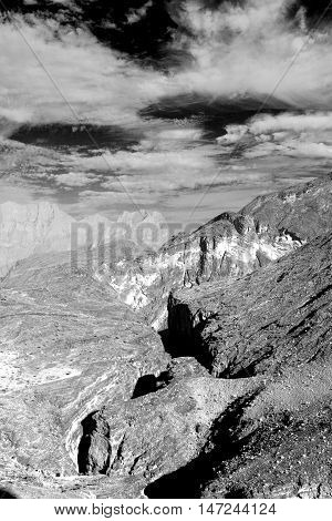 In Oman  The Old Mountain Gorge And Canyon The Deep Cloudy  Sky