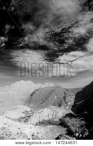 In Oman  The Old Mountain Gorge And Canyon The Deep Cloudy  Sky