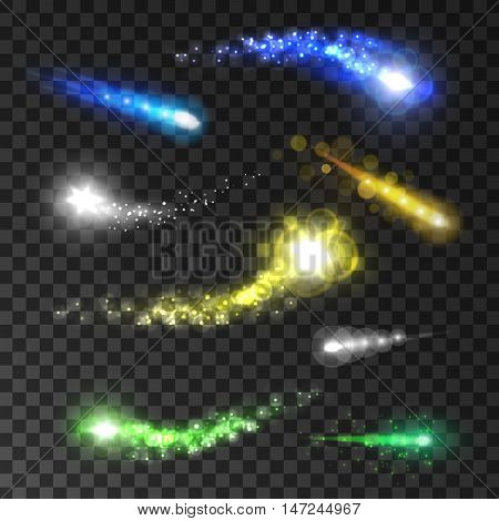 Glittering light trails set of comets and shooting stars. Twinkling sparkler flash tails on transparent background