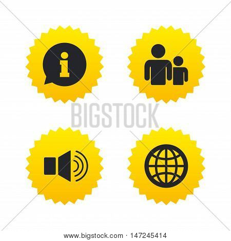 Information sign. Group of people and speaker volume symbols. Internet globe sign. Communication icons. Yellow stars labels with flat icons. Vector